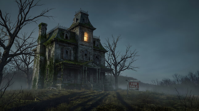 Spooky abandoned haunted house with for sale sign at dusk