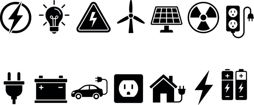 Energy and Electricity Solid Icon Set with Lightning Bolt, Solar Panel, Wind Turbine, Battery and Electric Car Symbols