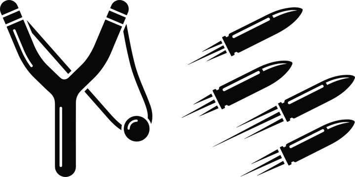 Slingshot bullet vector icon set wooden slingshot flying bullets solid black isolated white background layout design.eps