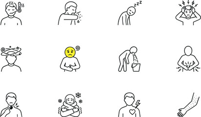 Obraz premium Sickness and Illness Symptoms Icon Set with Fever, Fatigue, Nausea, Dizziness, and Sore Throat Vector