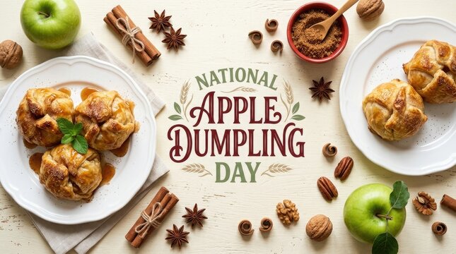 National apple dumpling day celebration with baked pastries, fresh apples, cinnamon, and spices