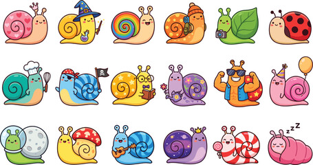 Cute cartoon snail characters set in various costumes, funny animal stickers, vector illustration © VectoVerse