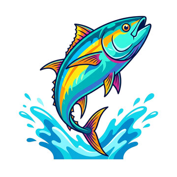 Dynamic Tuna Fish Jumping from Water Splash Vector Mascot Art