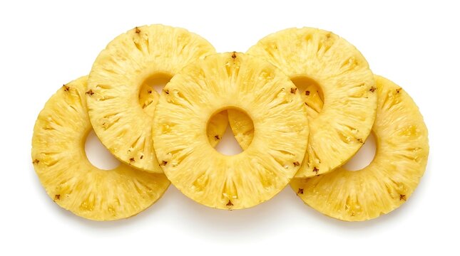 Fresh pineapple slices arranged in a row isolated on a clean white background.