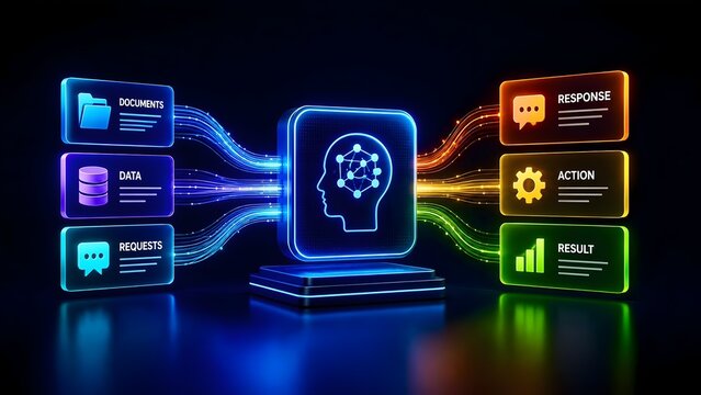 3D glowing AI neural network head processing input documents and data into action and response outputs