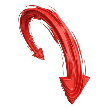 Red curved arrow sign pointing down on a simple background isolated on transparent background