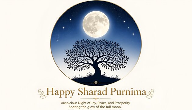 Happy Sharad Purnima minimalist greeting card with full moon and tree silhouette logo frame