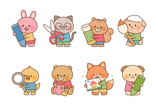 Cute animal characters enjoying art and craft activities with pencils, scissors, brushes, crayons, and creative projects.