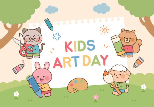 Cute animal characters enjoying an outdoor kids art day with crayons, scissors, glue, paintbrushes, and colorful creative supplies.