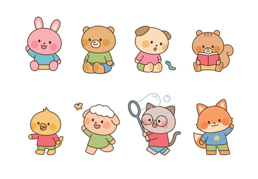 Cute animal characters sitting, reading, playing, exploring, and enjoying simple everyday activities.