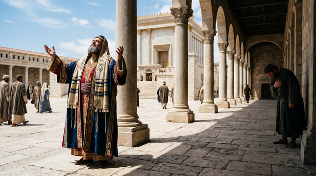 The Parable of the Pharisee and the Tax Collector. Two men praying in the temple, displaying profound pride versus deep humility