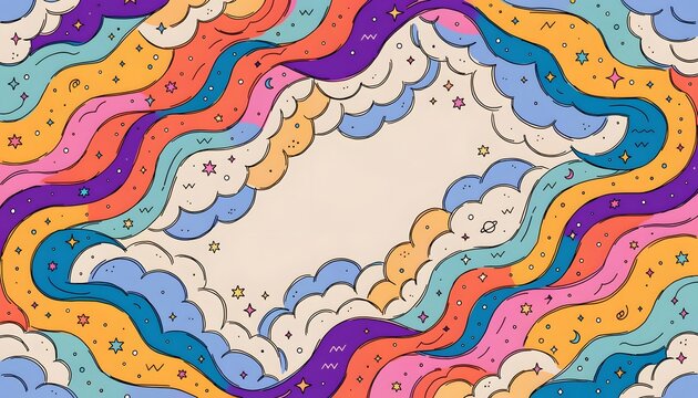 Retro psychedelic wavy rainbow stripes and starry sky frame. Groovy hippie sixties and seventies background banner. Colorful curved lines and floating stars with clouds border