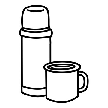 Doodle outline camping thermos and enamel mug clip art, simple hand drawn shapes