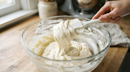 Fototapeta premium Close Up of Cream Cheese Frosting Mixed in Glass Bowl