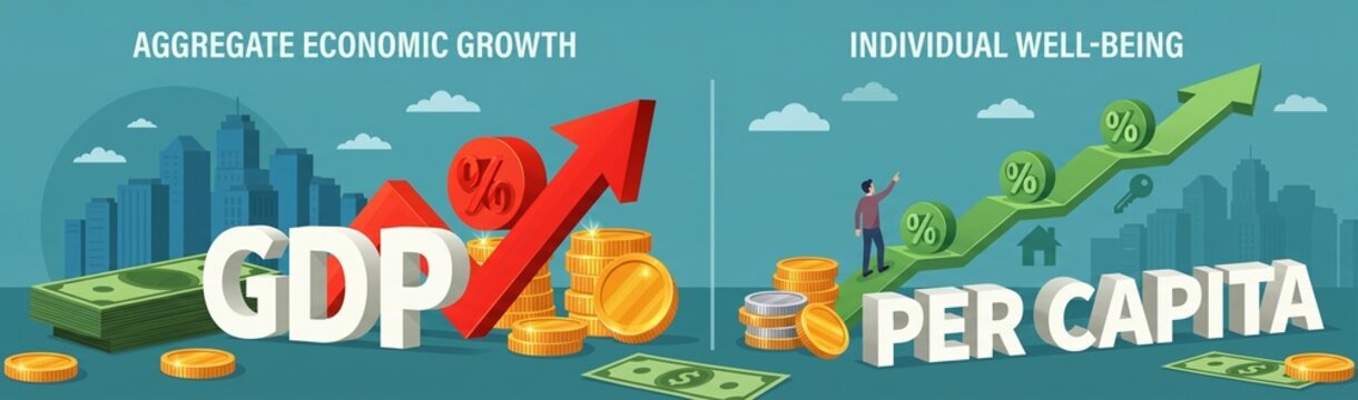 Economic growth comparison showing GDP and per capita well-being. Financial data visualization with rising arrows and money.