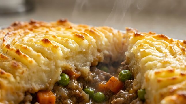 A savory homemade shepards pie featuring a golden-brown mashed potato crust and a steaming filling of minced meat, tender peas, and carrots in a rich gravy.