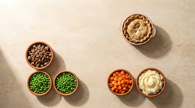 Deconstructed shepards pie showing separate bowls of cooked minced meat, green peas, diced carrots, and creamy mashed potatoes next to a finished individual savory meat pie.