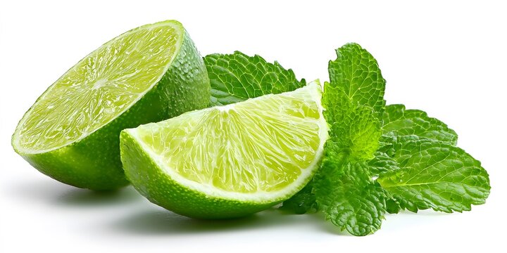 Fresh lime wedges with green mint leaves isolated on white background