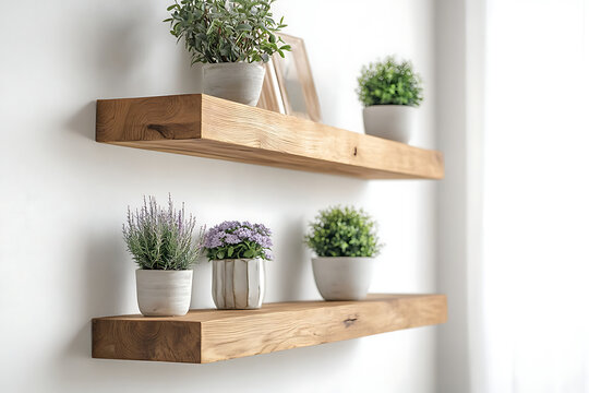Minimalist floating shelves with potted plants on white wall.