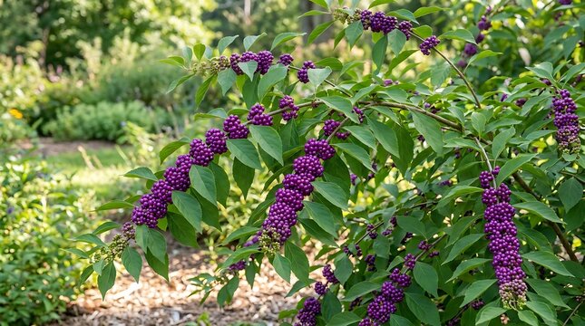 Beautiful purple beautyberry clusters growing on a green shrub in a sunny outdoor garden. american beautyberry