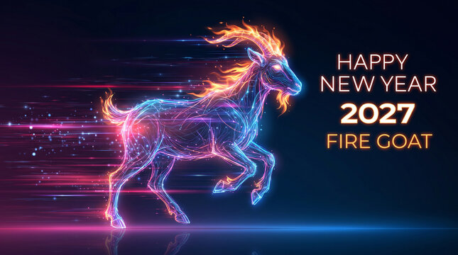 Happy New Year 2027 Year of the Fire Goat Neon Glowing Animal with Speed Light Trails on Dark Background