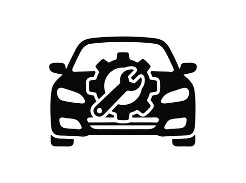 Automotive repair icon with car silhouette and gear. Mechanic service symbol, vehicle maintenance vector, garage workshop logo.