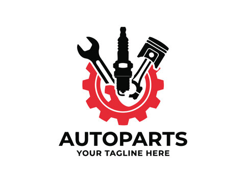 Automotive repair logo with gear and spark plug, car service emblem with wrench and piston, red and black autoparts vector icon