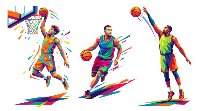 Dynamic Basketball Trio: Three stylized basketball players in motion, showcasing a dunk, a dribble, and a jump shot, bursting with vibrant colors and abstract energy.