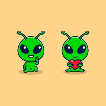 Two cute green aliens sitting together, one holding a red heart and the other giving a peace sign, vector illustration.
