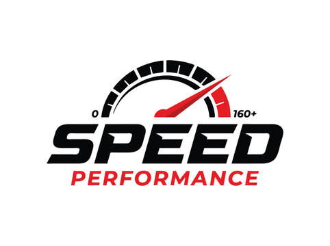 Speed Performance logo with speedometer icon, automotive racing emblem, fast car tachometer vector graphic