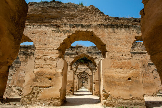 Ruins of the stables at Heri es-Souani at Meknes in Morocco. The stables once housed up to 12000 horses and was built by Moulay Ismail in the 17th century.