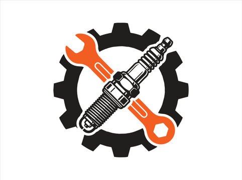Automotive repair logo with spark plug and wrench. Car service emblem featuring gear and tools. Industrial mechanic shop vector icon.