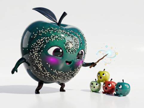 Whimsical green apple character wielding magic wand to surprise small fruit friends with sparkles in creative digital art scene.