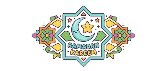 Fototapeta premium Ramadan Kareem Cute Crescent Moon and Star Illustration with Islamic Geometric Design
