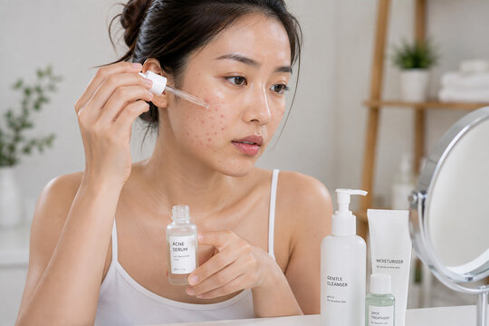 Young Asian woman applying facial serum to acne-prone skin during her skincare routine. Acne treatment, clear skin and beauty care concept.

