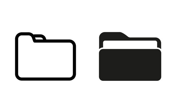 Minimalist folder icons set, black outline and solid document directory symbols, digital file storage vector graphics