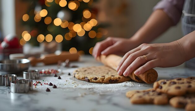 Woman rolling chocolate chip cookie dough on marble countertop with Christmas tree bokeh lights in background, festive holiday baking scene with cookie cutters and sprinkles