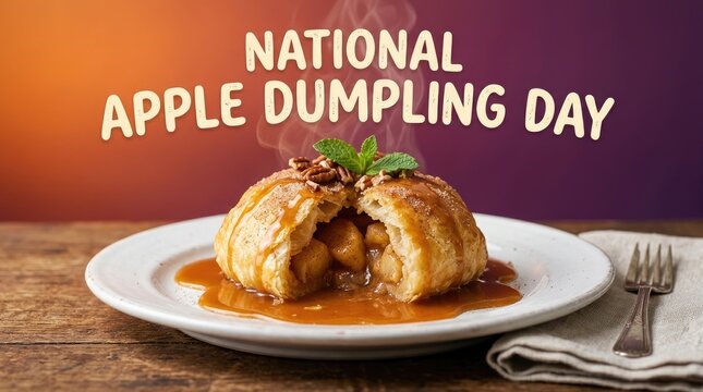 National apple dumpling day celebration with a delicious baked pastry dessert on a wooden table