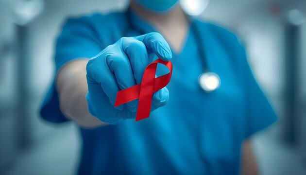 Doctor in blue scrubs holding red awareness ribbon, medical professional with stethoscope pointing red ribbon symbol for HIV AIDS awareness campaign