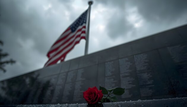 Red rose resting on military memorial wall with American flag waving against cloudy sky, veterans memorial tribute and remembrance