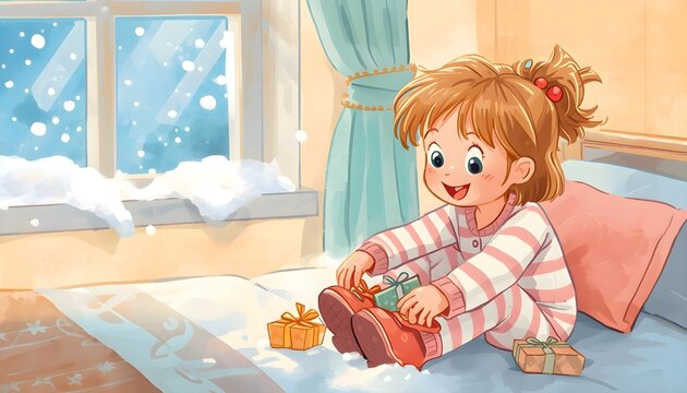 Cute cartoon girl in pajamas opening Christmas presents on bed with snowy window, illustrated children's holiday scene watercolor style
