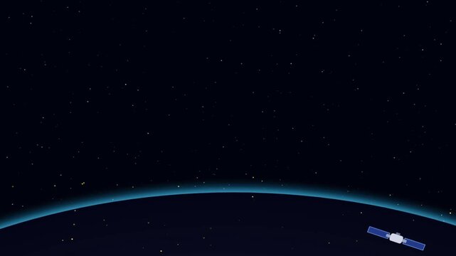 Glowing satellite orbiting planet Earth with glowing blue atmospheric horizon against a dark starry space background motion graphic loop