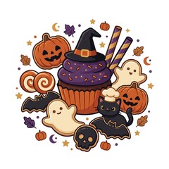 Fototapeta premium Cute Halloween Party Collection Featuring Spooky Treats and Festive Cartoon Characters in a Whimsical Vector Illustration