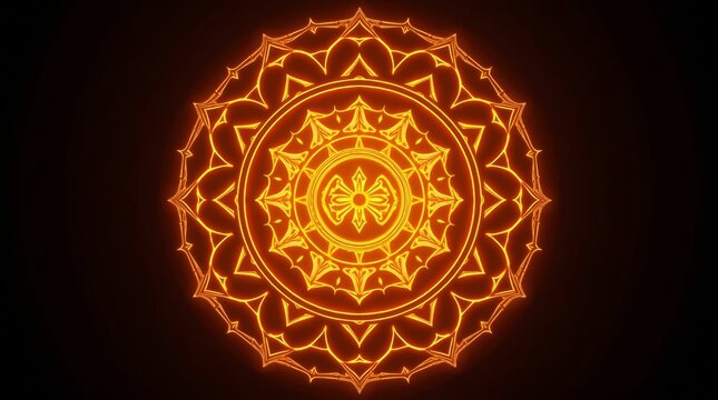 Glowing sacred mandala pattern with radiant golden symmetry with showcases striking rendered