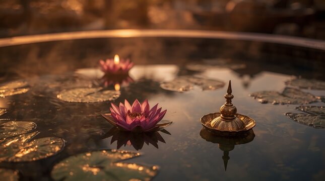 Golden dawn lotus flowers floating in sacred glowing water basin with ornate lamp