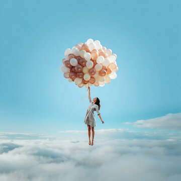 A young woman ascends into the sky holding a large cluster of pastel colored balloons