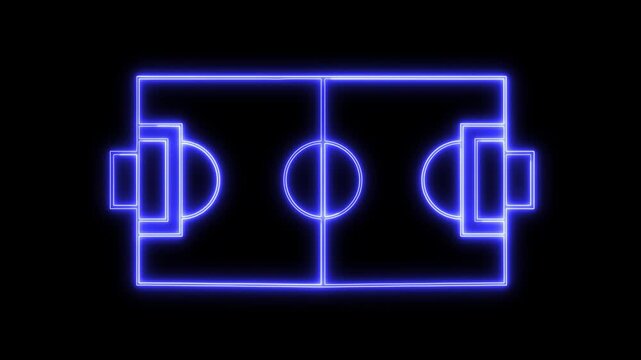 Animation of neon sports stadium on black background with neon lights match football isometric field video animation, soccer field stadium or football lawn with panoramic.Sports stadium icon.