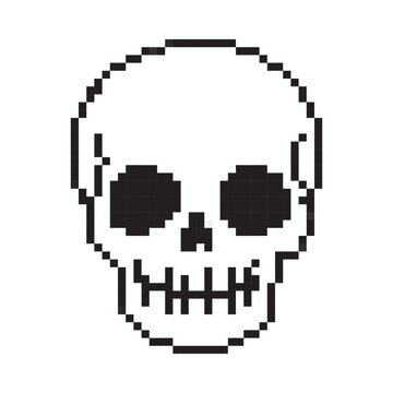 Halloween human skull pixel art icon. Retro 8 bit style vector illustration of a creepy skull head bone with black eye sockets and teeth isolated on a white background.
