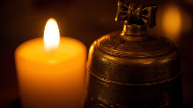 Elegant antique brass bell with decorative bow emblem beside warm glowing candle