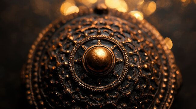 Intricate antique brass ceremonial mace with dark patina with highlights detailed craftsmanship